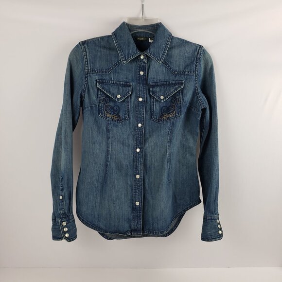 Eddie Bauer XSP Blue Denim Shirt Jacket Snaps Pockets Embroidery Womens Petite - Picture 4 of 16